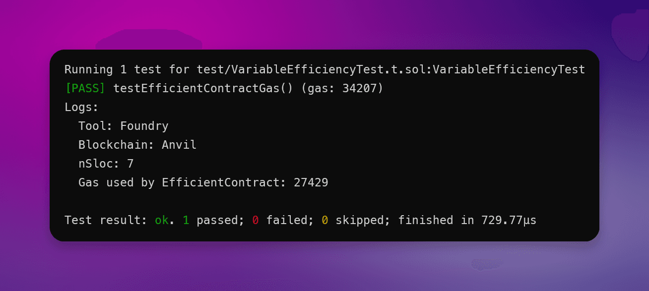 image of test with code implementing the solidity gas optimisation tips to remove unused variables