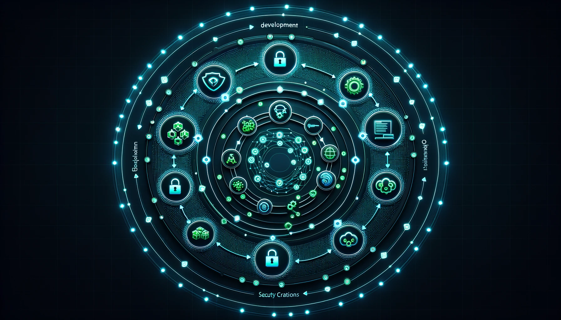 Abstrakte Darstellung von DevSecOps, die Entwicklung, Betrieb und Sicherheit in einem kontinuierlichen Zyklus integriert.