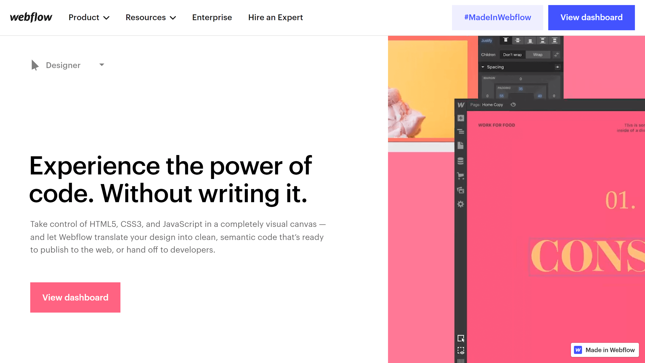 webflow verkkosivu rakentajan Designer-työkalun etusivukuva