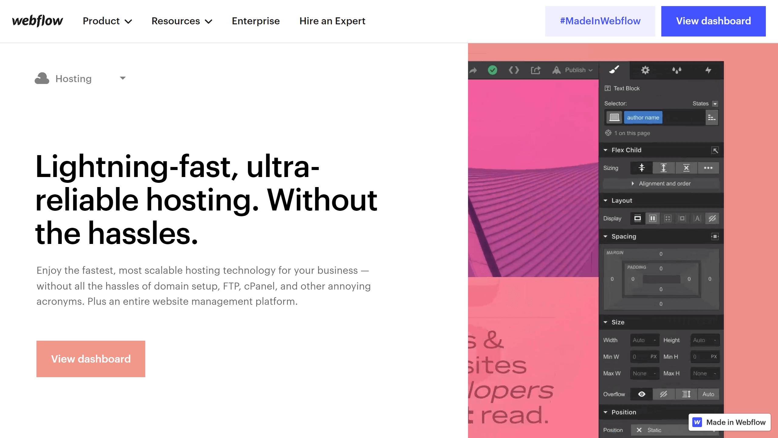 webflow verkkosivu rakentajan Hosting-työkalun etusivukuva