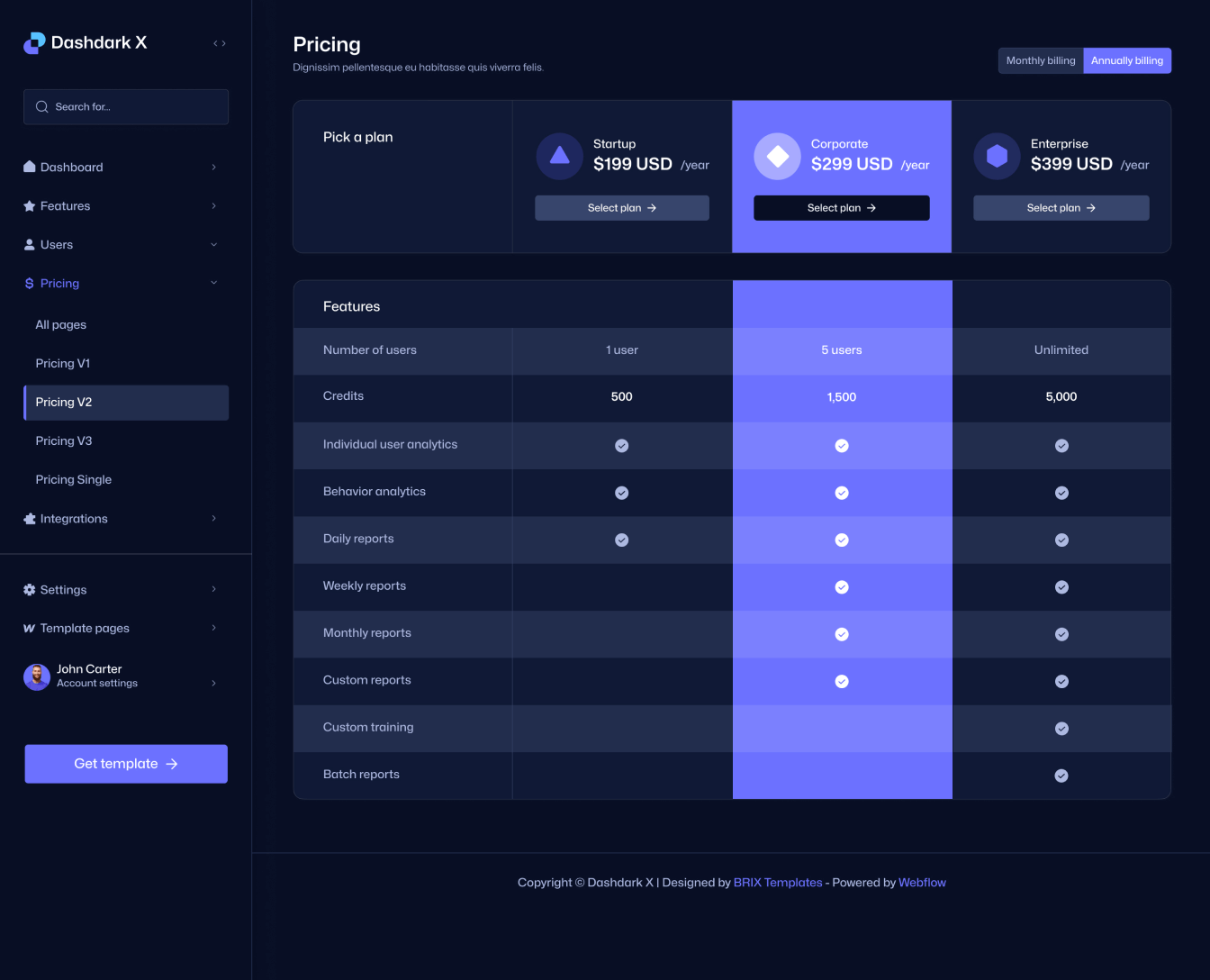 Dashdark X - Pricing Page - Dashboard Webflow Template