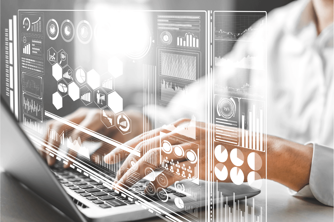 typing on a laptop data analysis concept art with 3d graphics in white