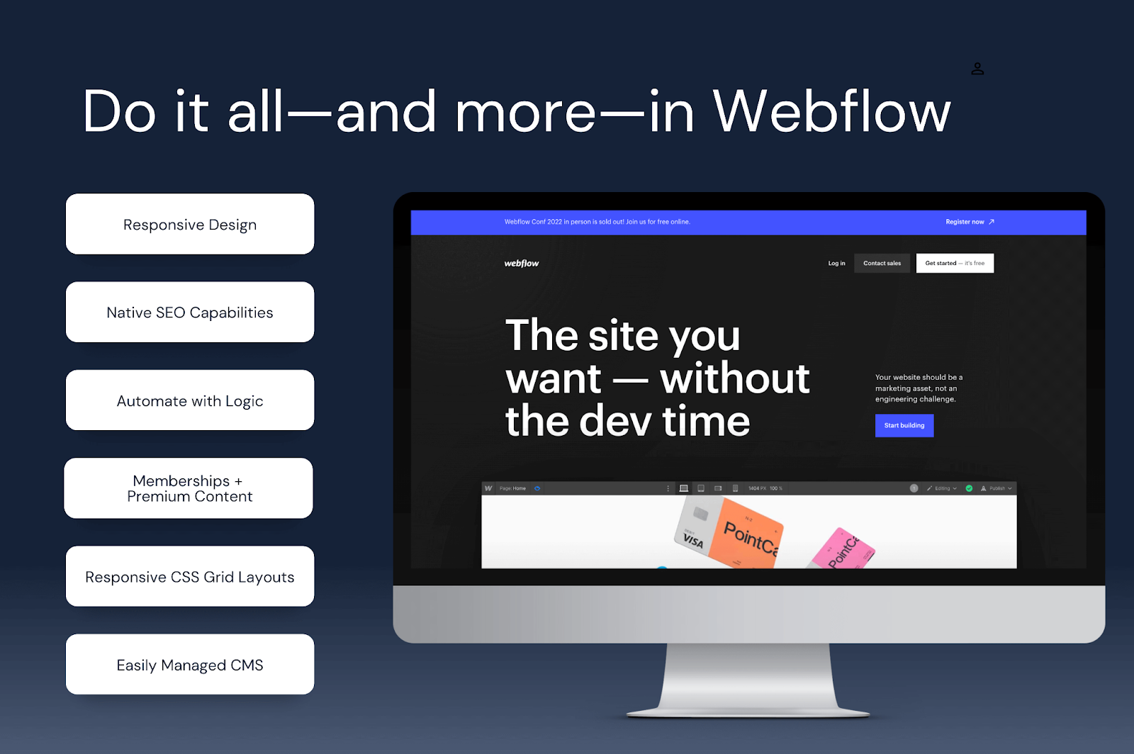 Graphic that reads "Do it all—and more—in Webflow" with additional Webflow functionalities listed