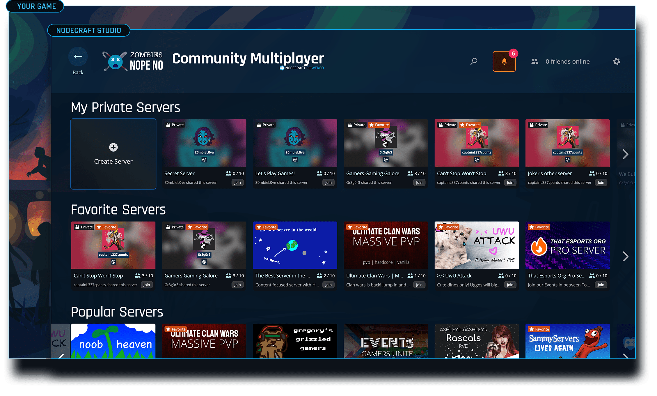 screenshot illustrating the game being overlayed by Nodecraft Studio, with lists of game servers in a recommendation engine