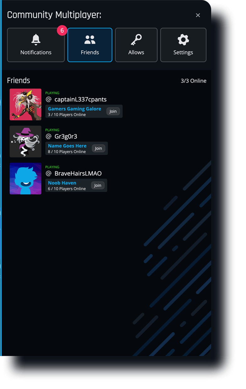 screenshot of friends online in a community multiplayer sidebar