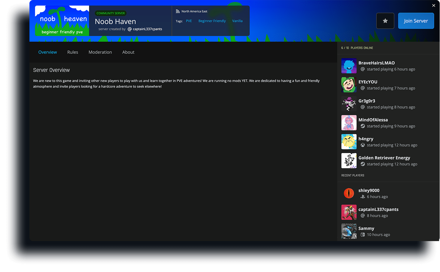 screenshot of a server profile with players online playing in Noob Haven
