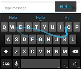 Image where gesture typing is shown by a blue line that moves over the on screen keyboard. This is how you can type with gesture typing.