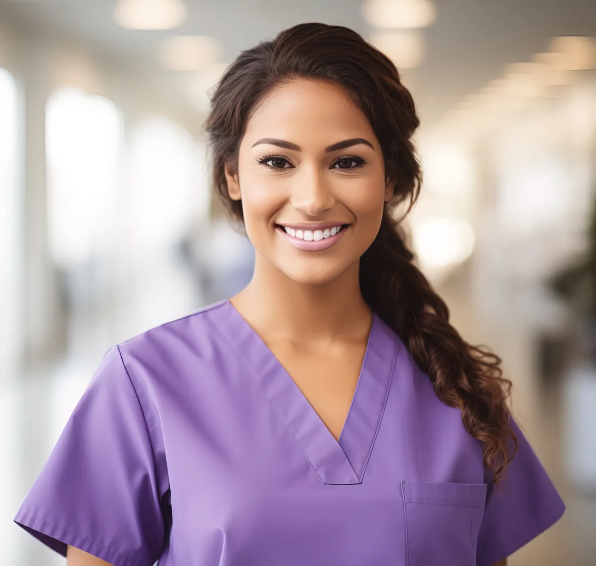 A nurse in a purple scrub top smiles at the camera.