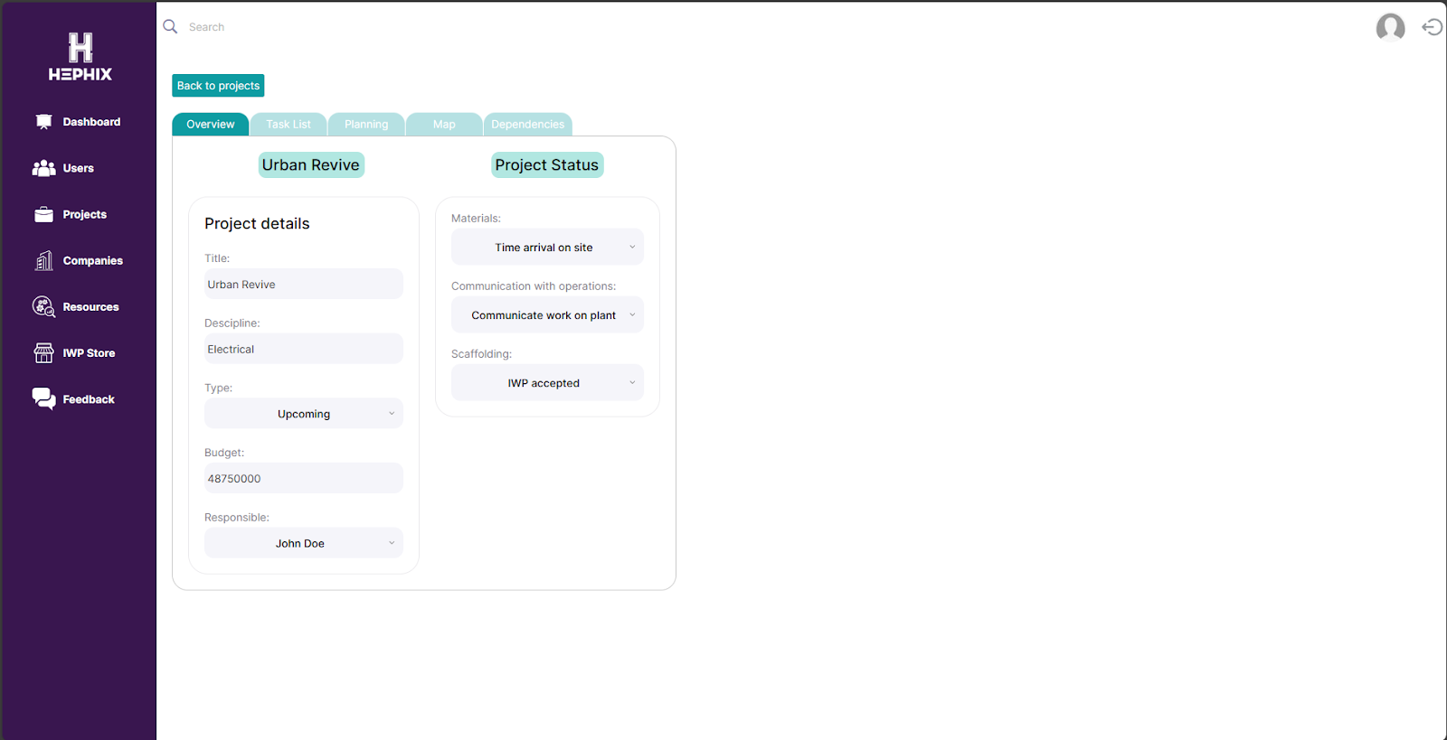 Digital construction project management Hephix company data interface