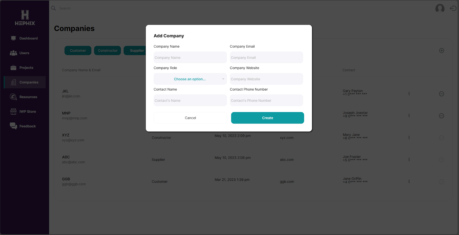 Digital construction project management Hephix add company interface