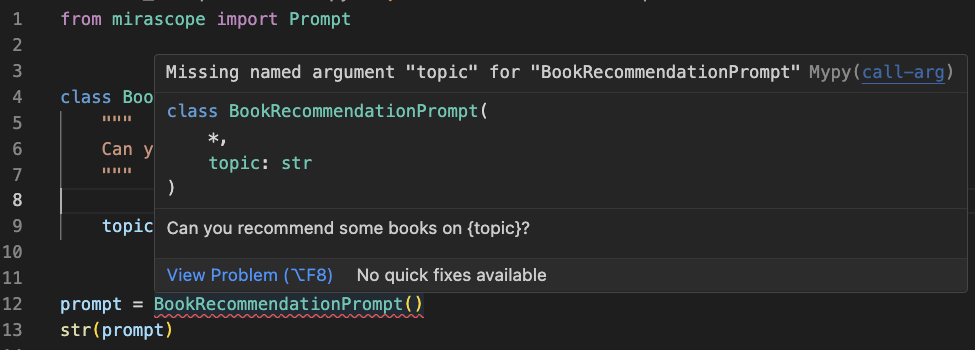 Inline errors: "BookRecommendationPrompt"