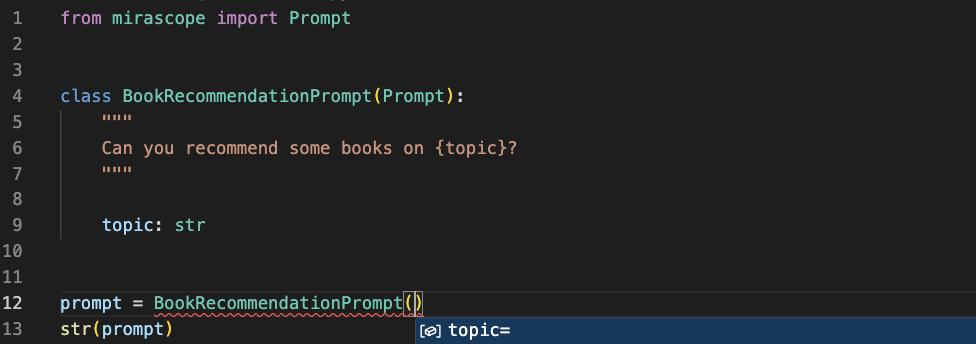 Autocompletion for a function call: "BookRecommendationPrompt"