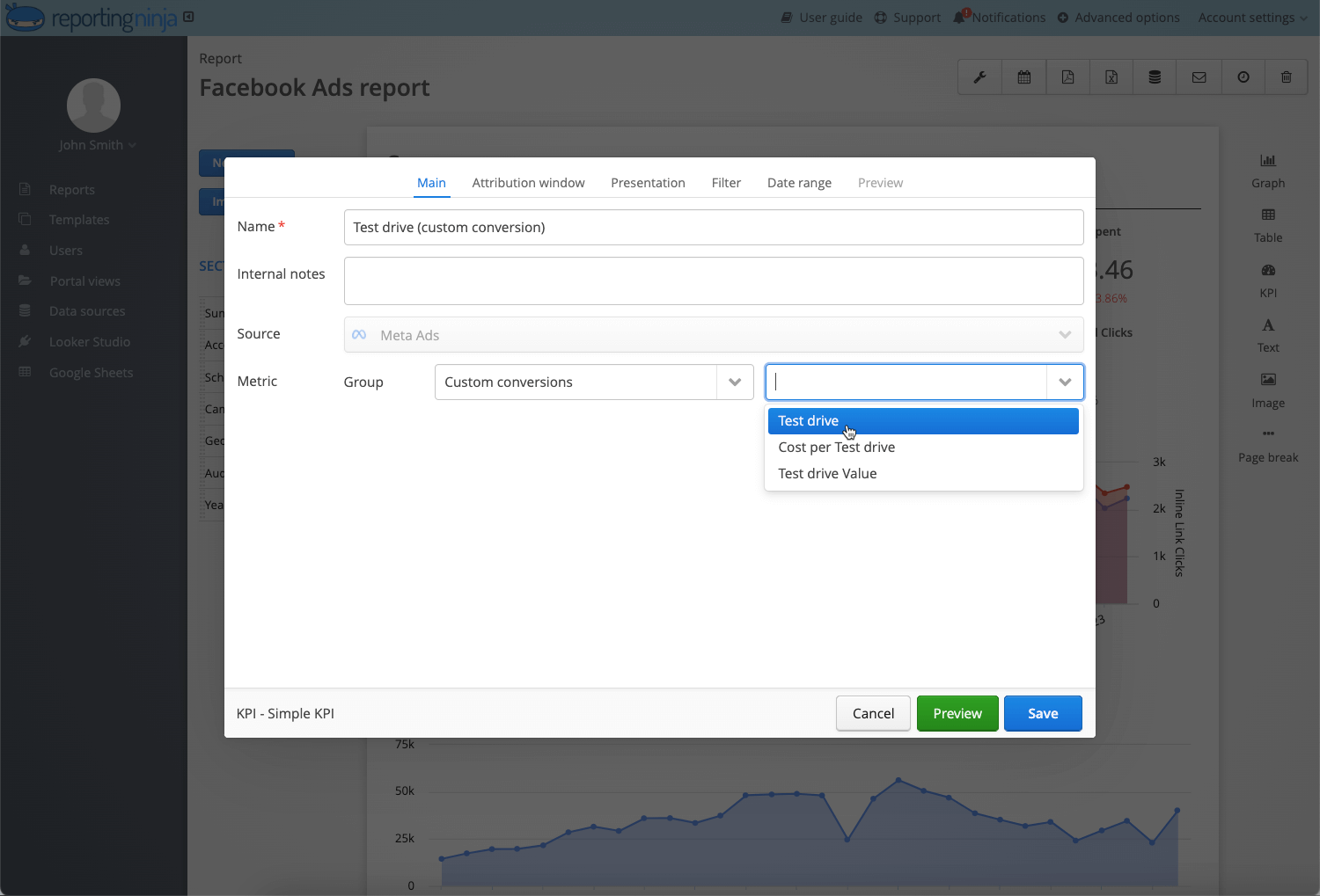 Facebook custom conversions' usage in Reporting Ninja