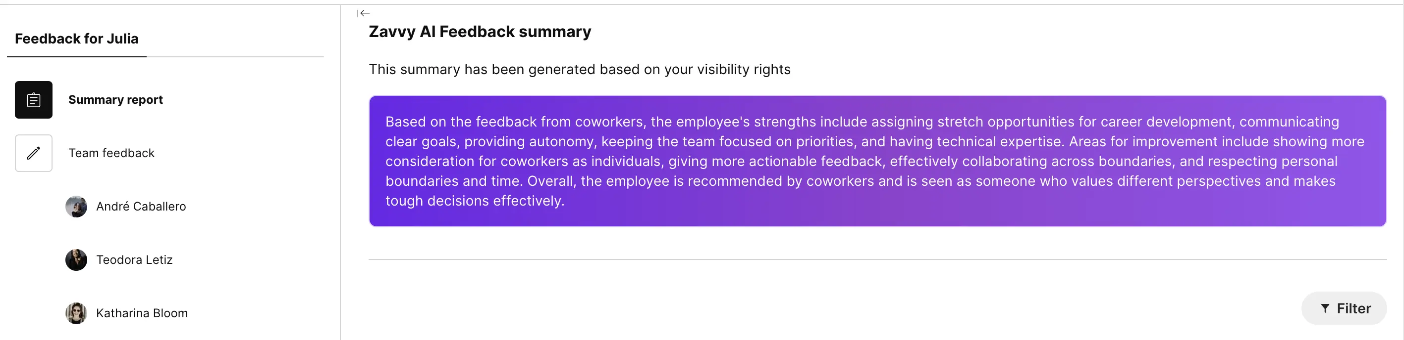 Upward feedback summary generated by Zavvy AI (for leader receiving feedback from 3 team members)