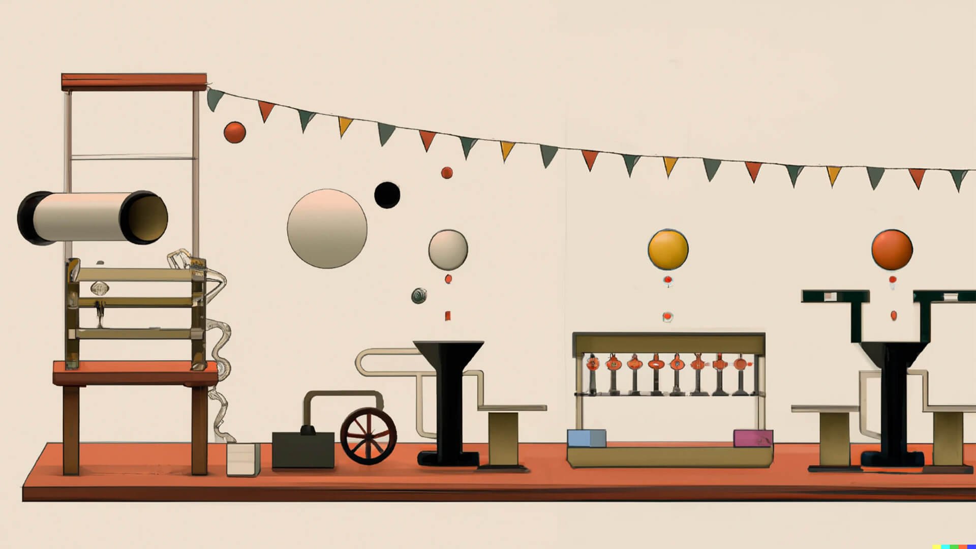 A rube goldberg machine in muted color palette.