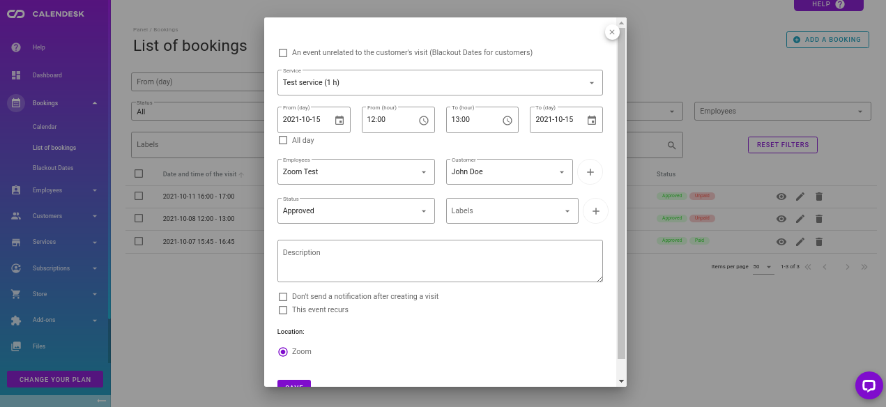 Zoom - add a booking