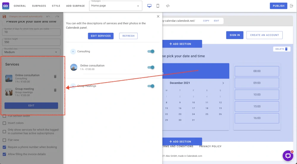 Integrate Calendesk - selecting services