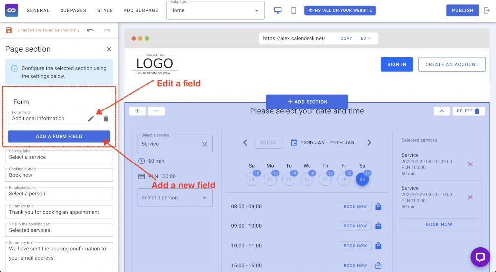 Online booking form - edit a booking form