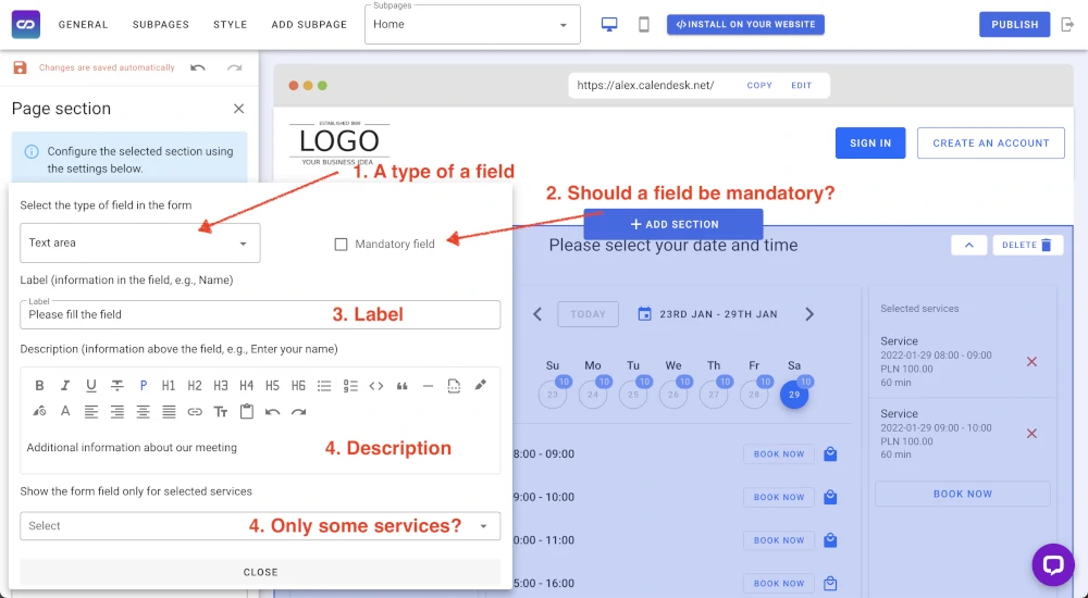 Online booking form - explanation of booking form