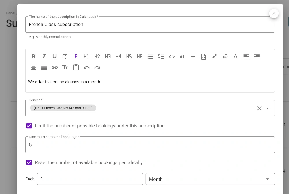 Subscriptions - an admin form, services and their limits.