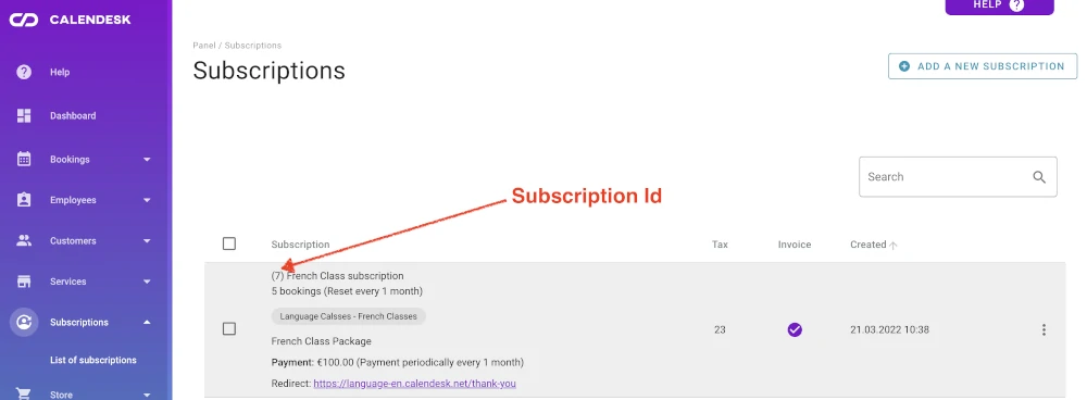 Subscriptions list - subscription id