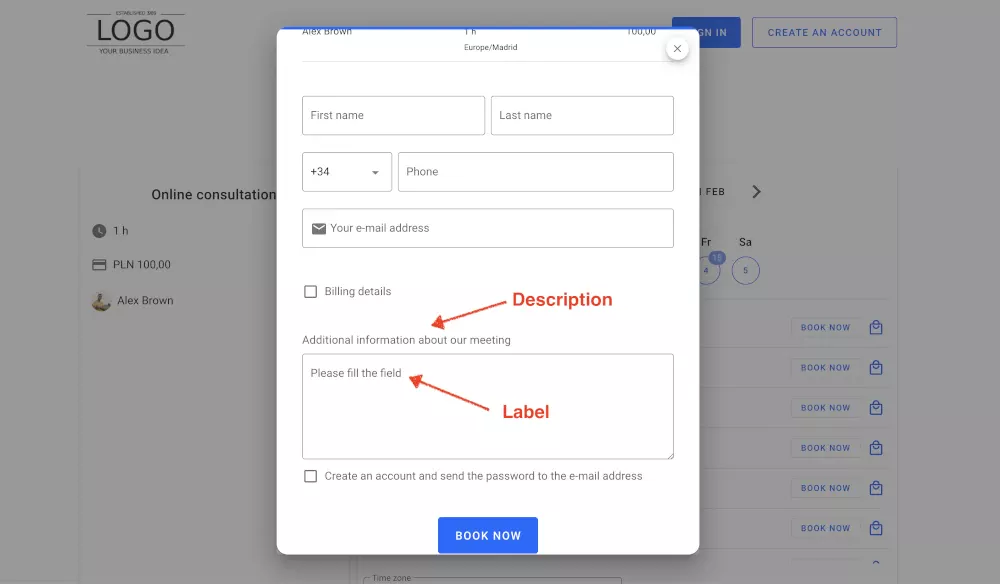 Online booking form - a booking form