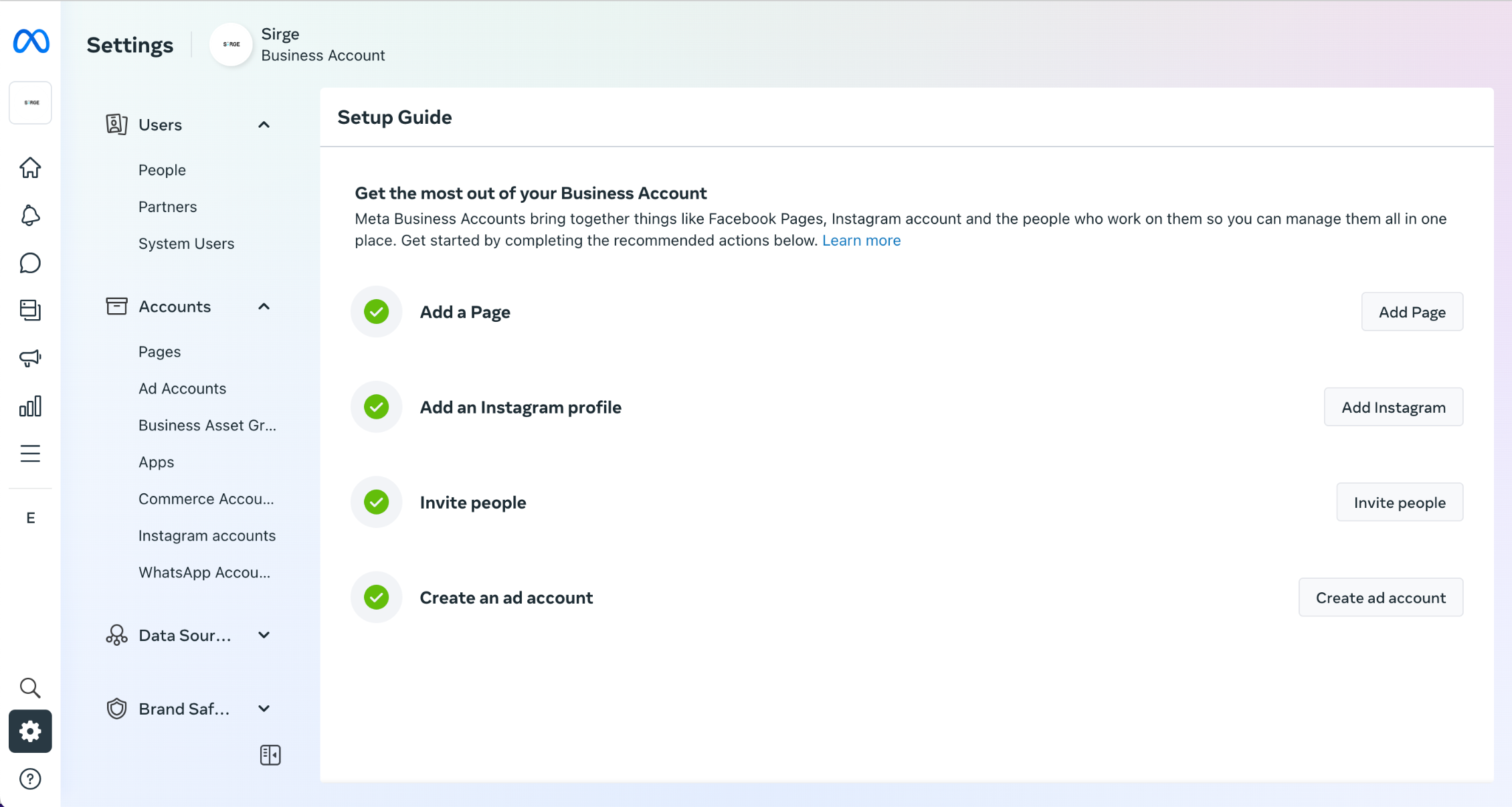 screenshot of Sirge Meta business manager setup guide checklist