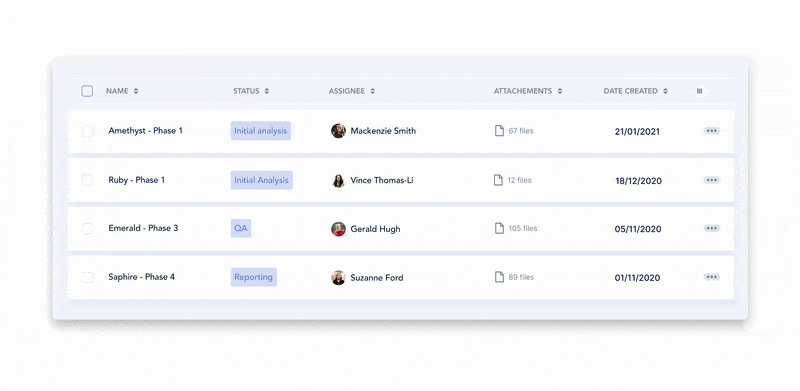 Animated GIF of a table interaction where header items double as filters. A mouse cursor clicks on headers to open dropdown menus and do a selection inside checkbox lists