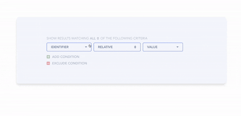 Filter interaction showing contents of status, condition and value