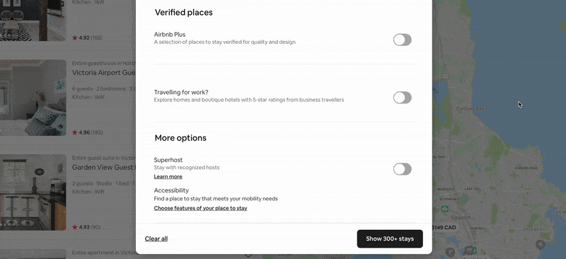 Airbnb filter example previewing number of results in apply button