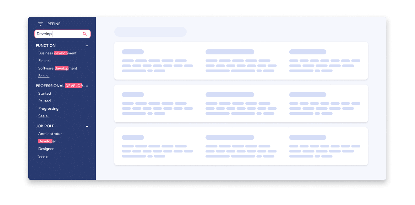 Searching UI example showing user searching for filters in a panel to find the filter they are after.