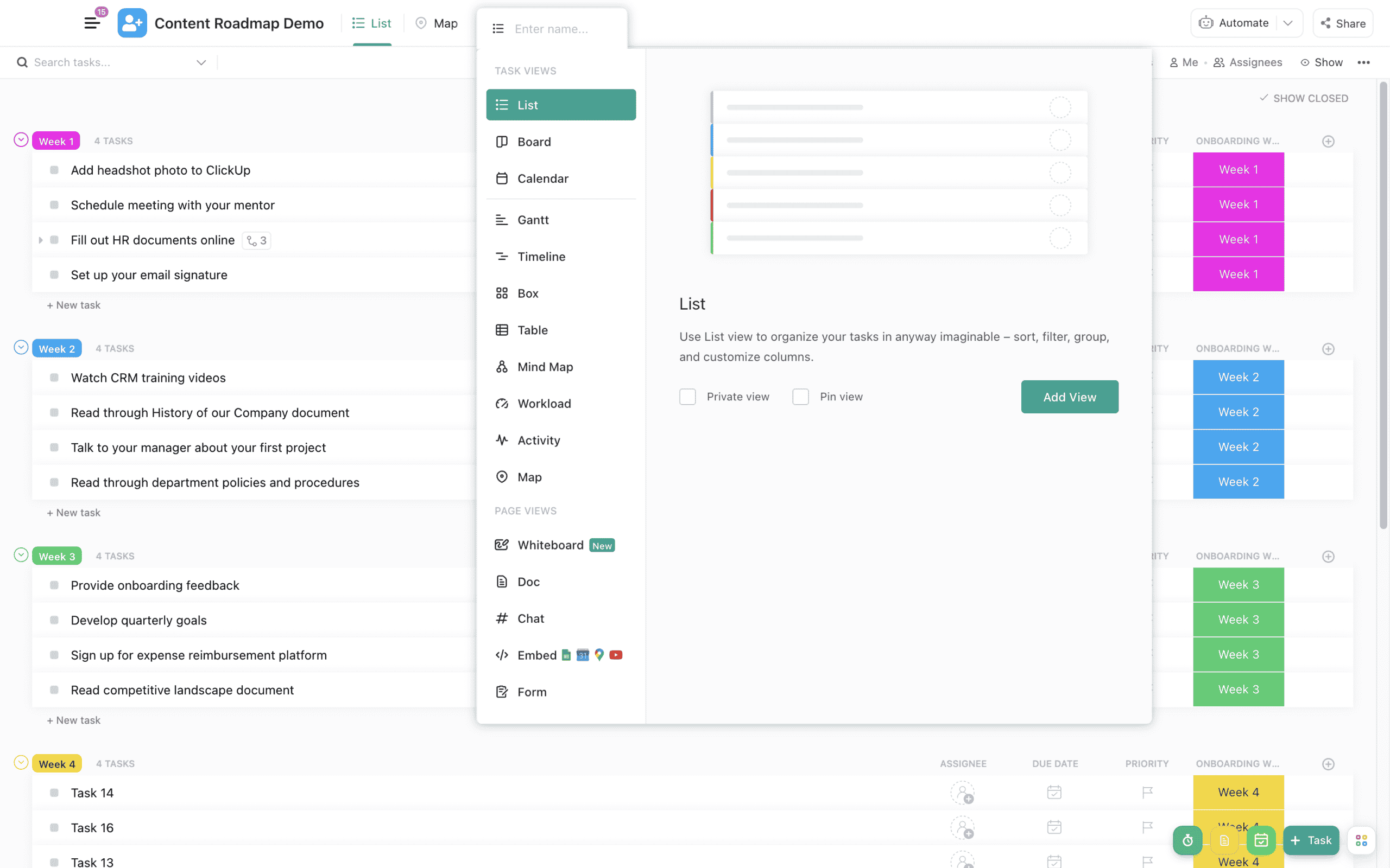 Clickup screenshot showing create view flow where you select a list view