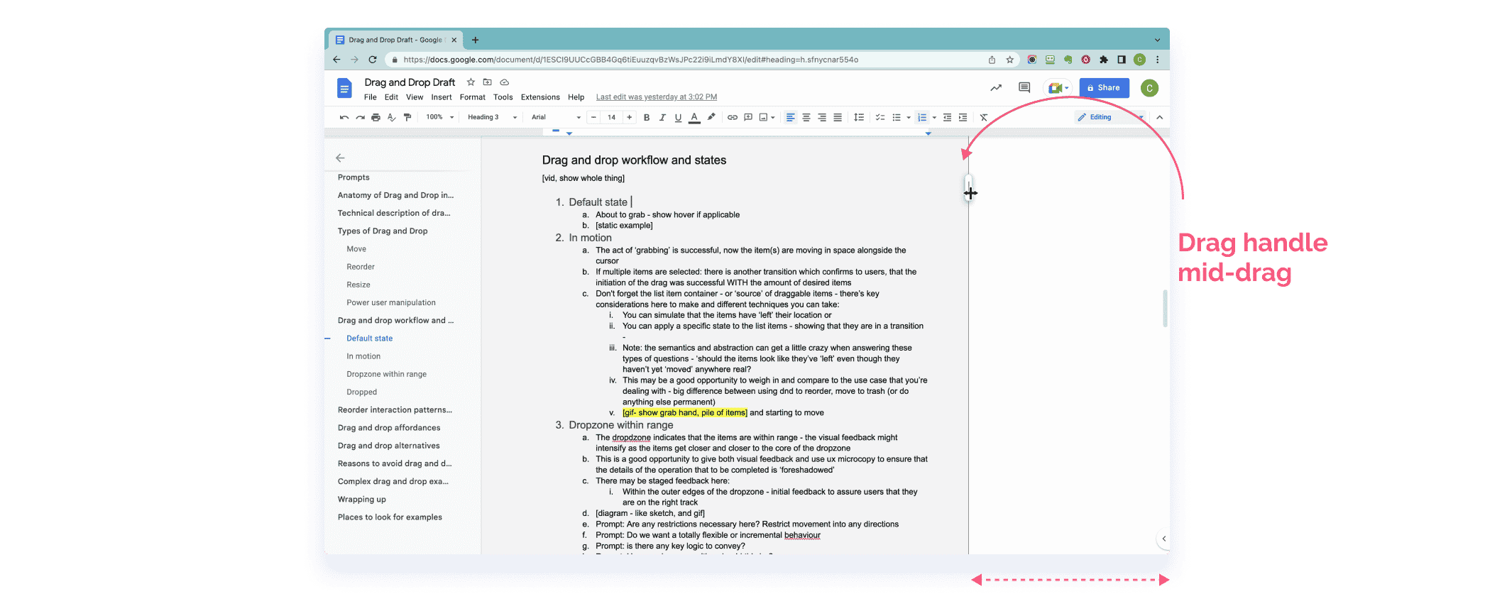 Resizing drag interaction happening in Google Docs with an active drag handle shown