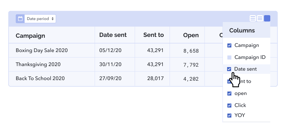 Data table example with add and remove columns dialog present