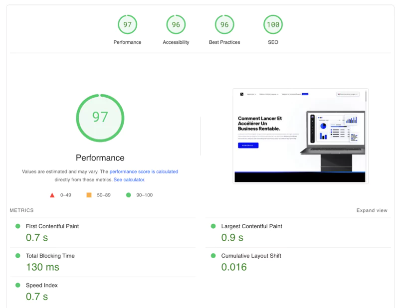 ‍Un score Lighthouse dans le orange peut déjà être satisfaisant pour un site Webflow