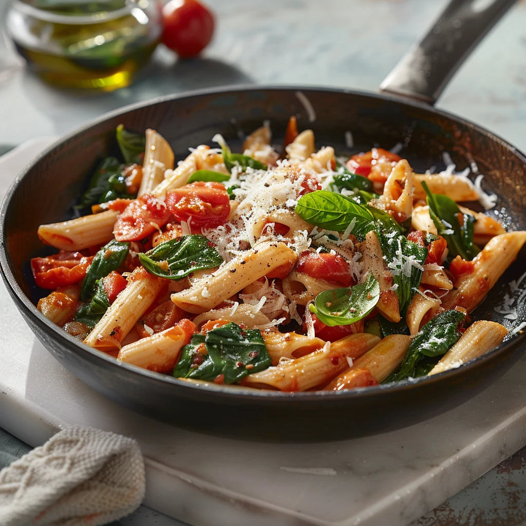 Penne al Pomodoro with Garlic Spinach