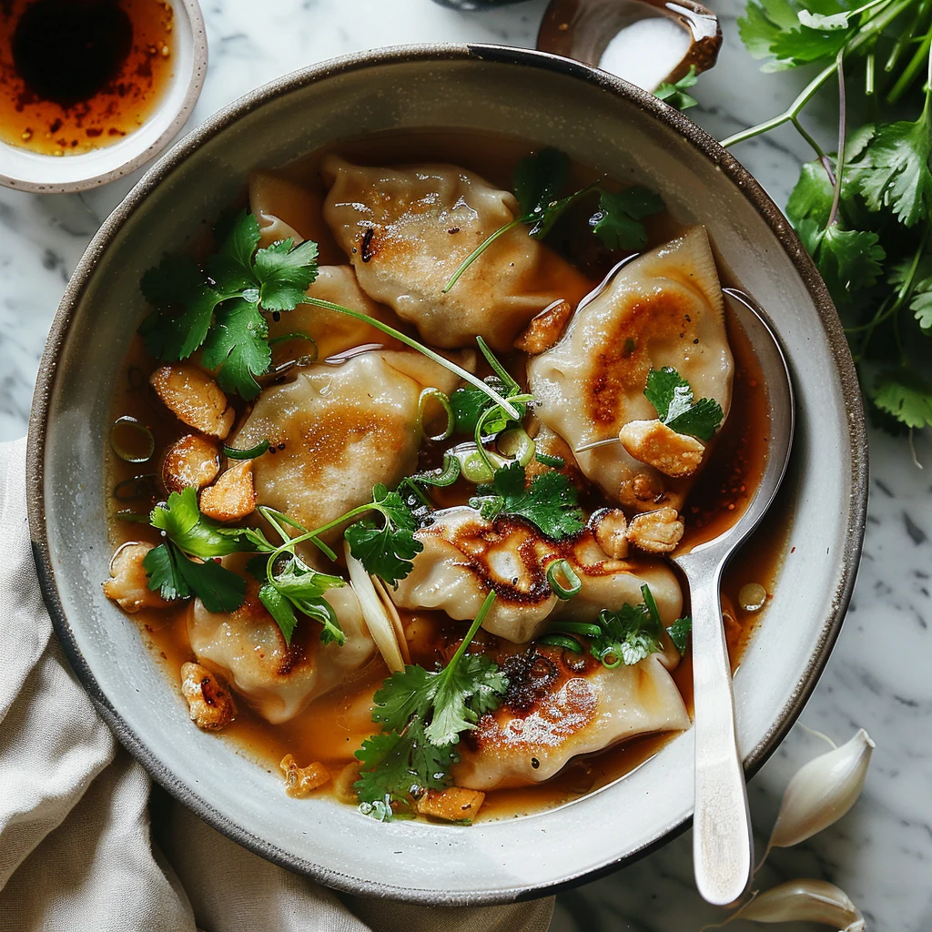 Bit Dumpling Sesame Chicken Dumplings in Spicy Broth with Garlic Crisps