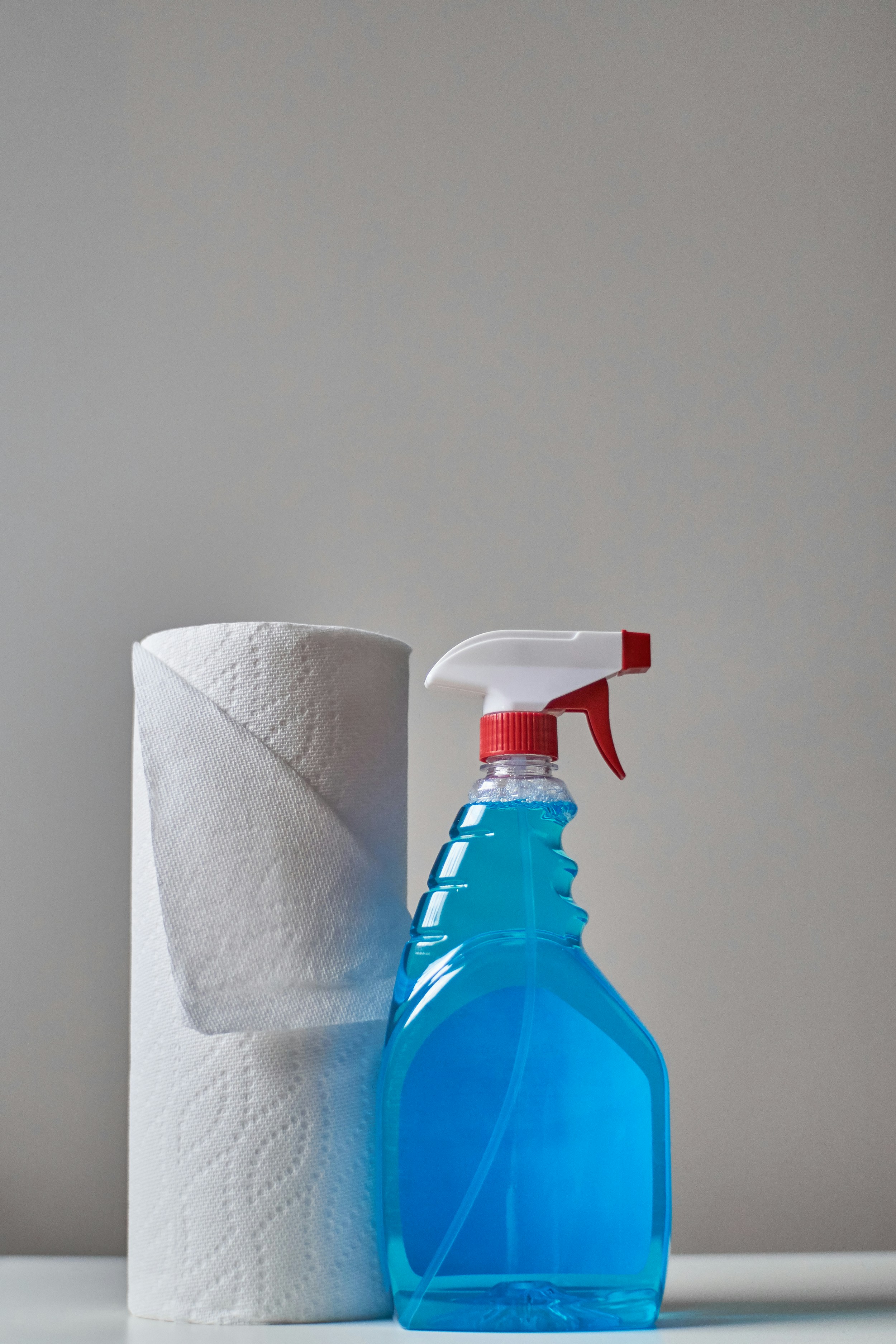 a toilet roll and a spray bottle with blue liquid
