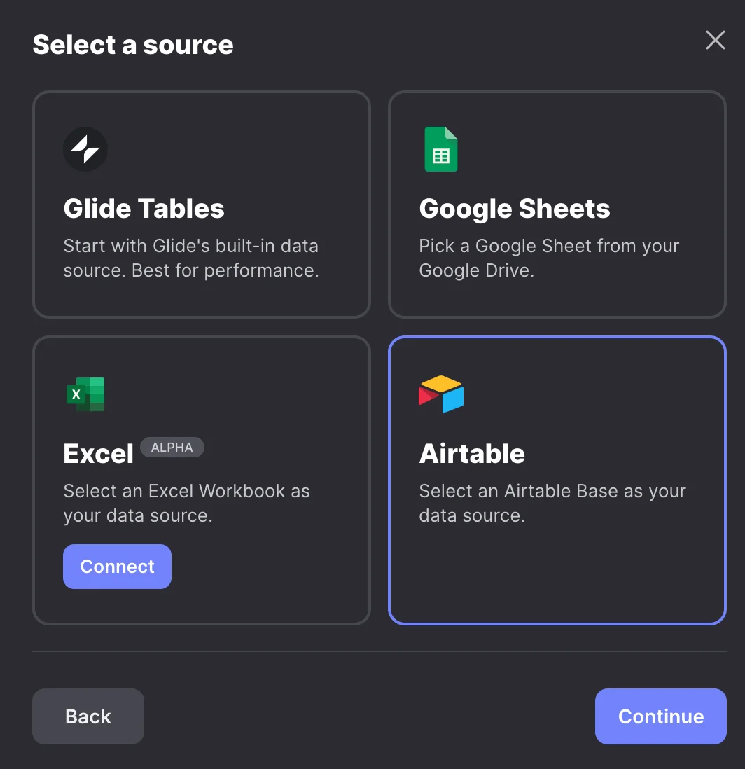 Selección de fuentes de datos en Glide