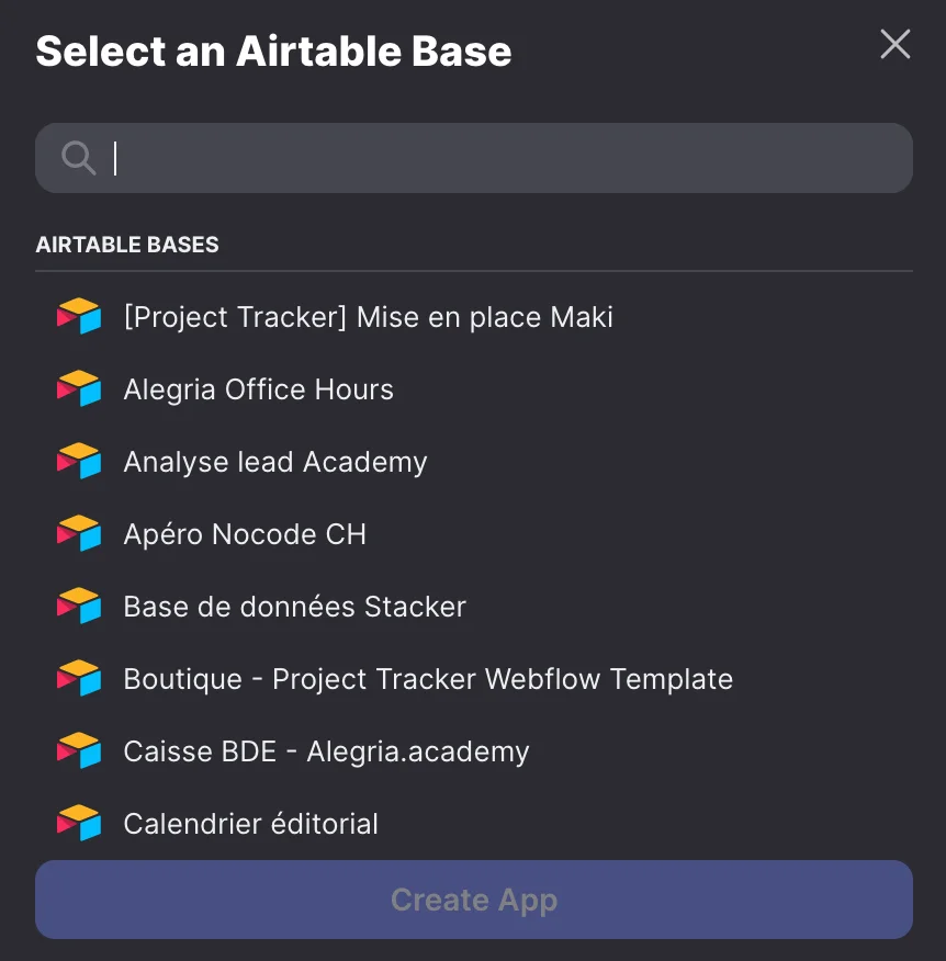 Selecting the Airtable base on Glide