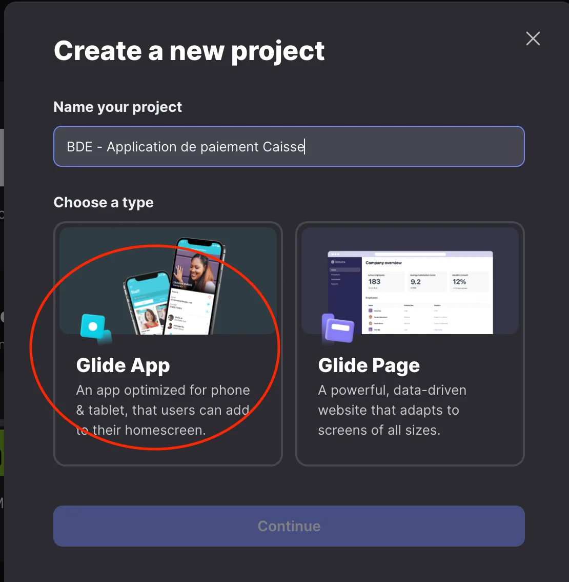 Application type selection on Glide