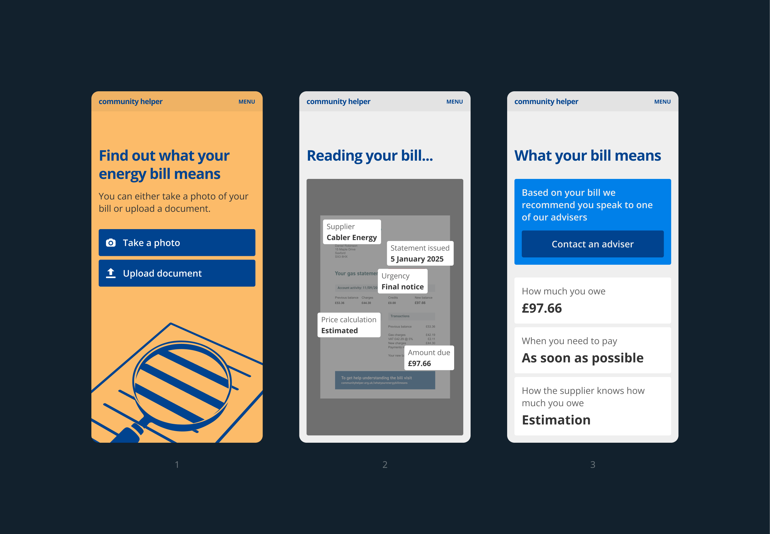 3 vector prototypes of mobile phones showing a service that helps people understand their energy bill. Each screen is part of a user’s journey to getting more guidance online about what to action from their bill.