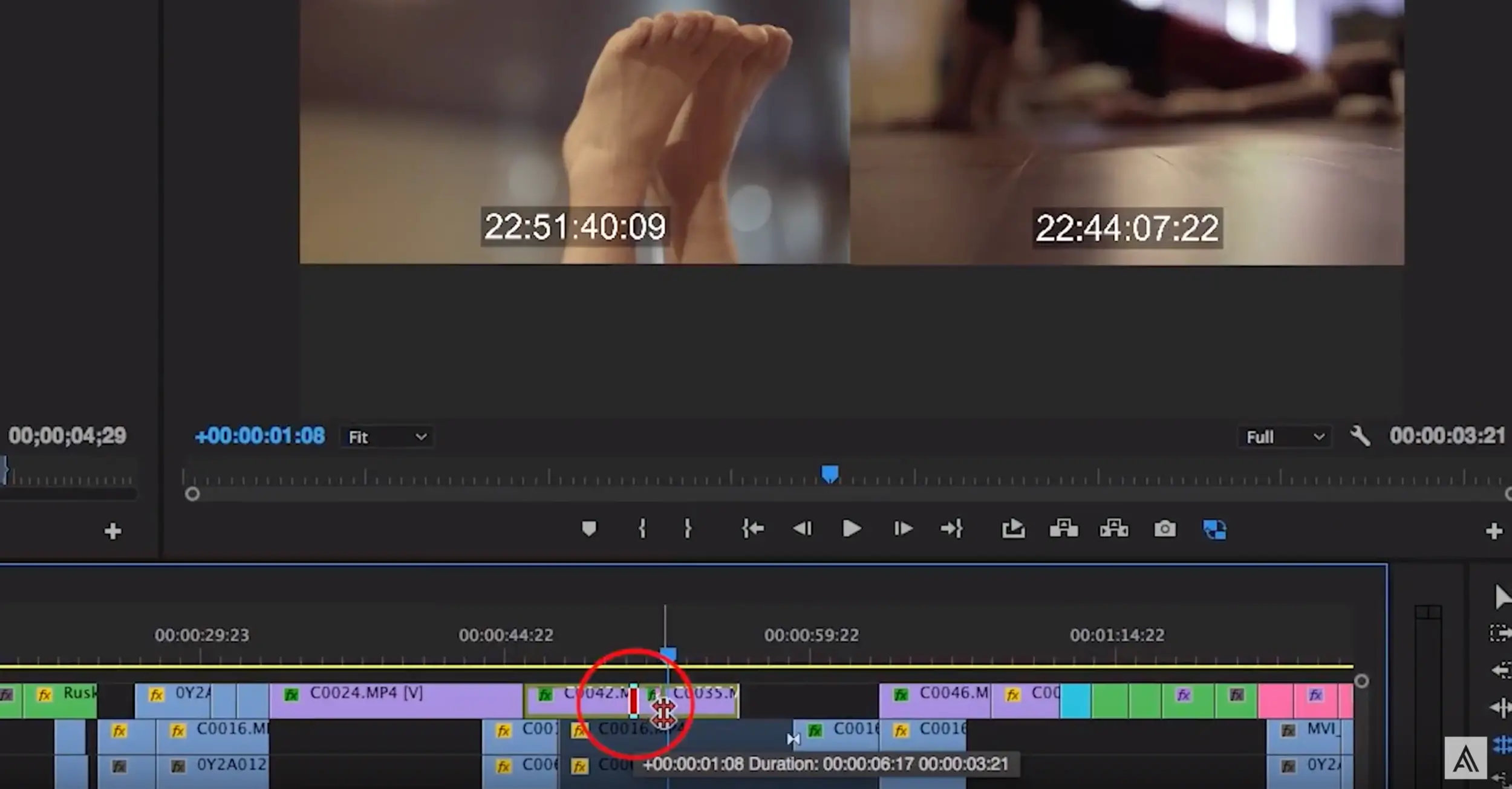 The Program Panel will display the last frame of the clip on the “A side” of the cut, and first frame of the clip on the “B side” of the cut.