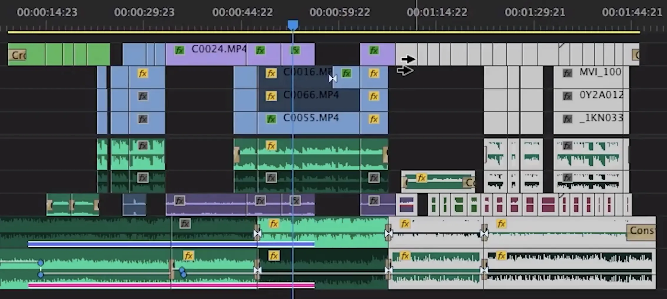 The clip you click and all the clips to the right will be selected.