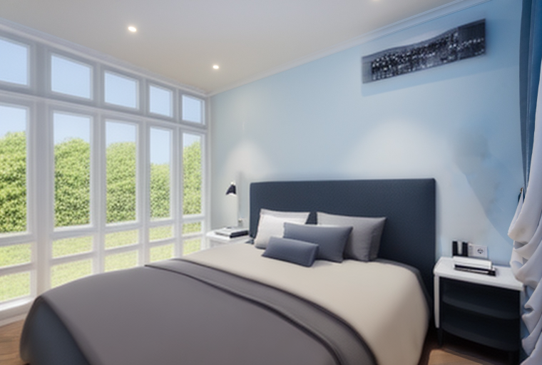 Bedroom in minimal style and beige-white-grey color