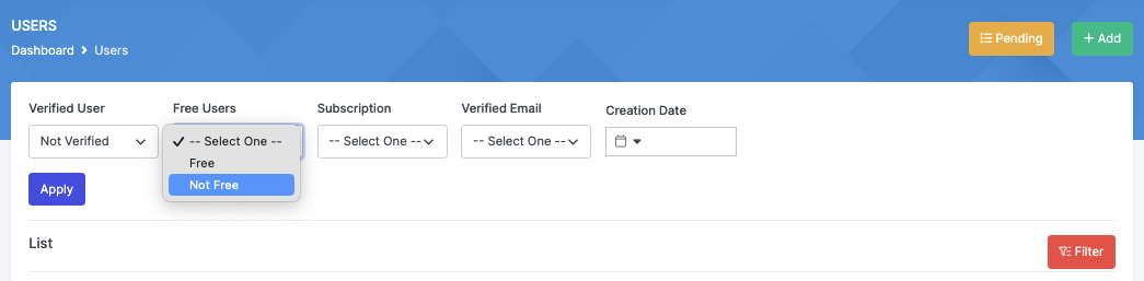 Filter fields: Verified Status, Free Status, Subscription, Email Verification Status, Creation Date