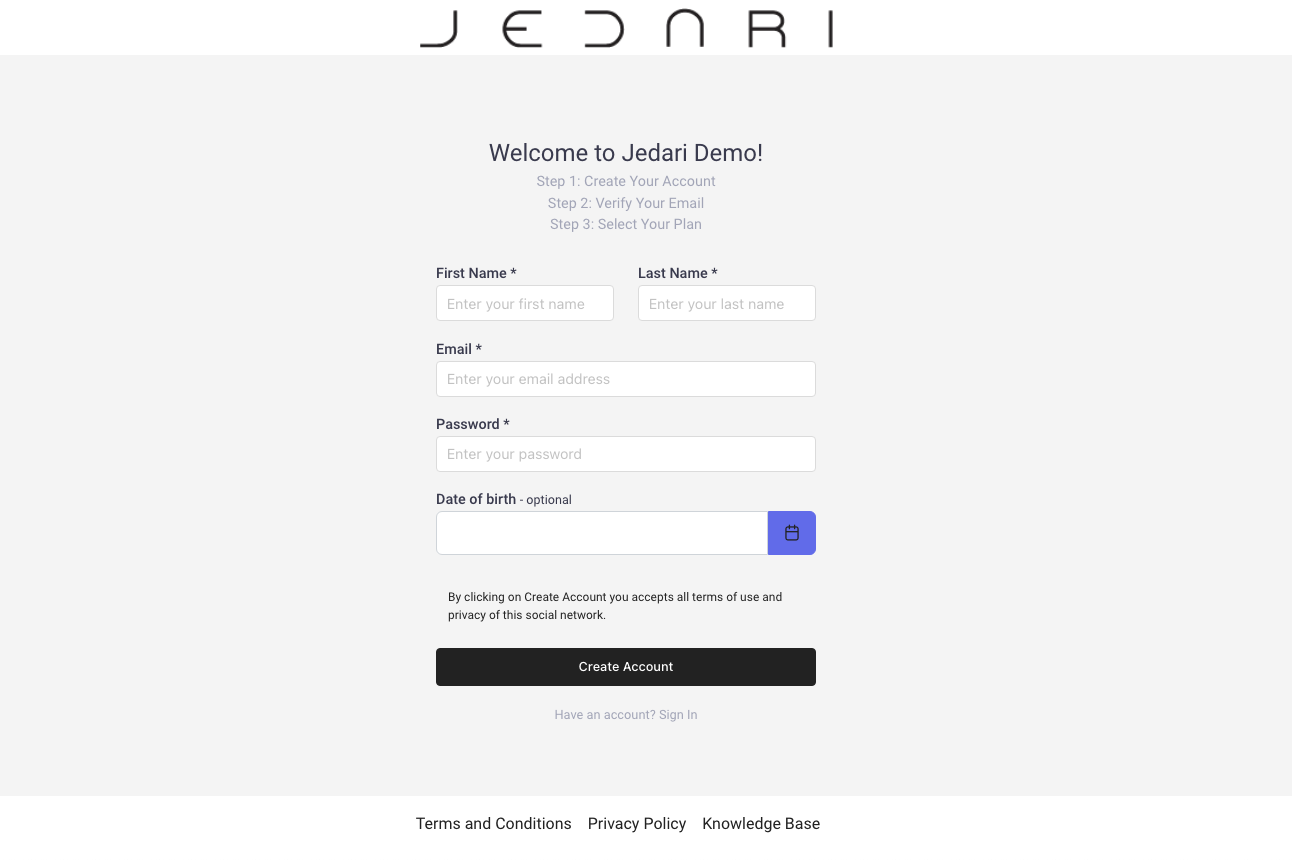 Registration page example: jedaridemo.com/register