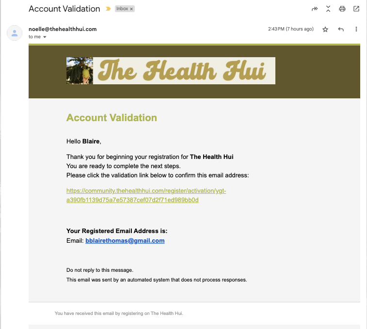 Verification email example from our client The Health Hui - community.thehealthhui.com