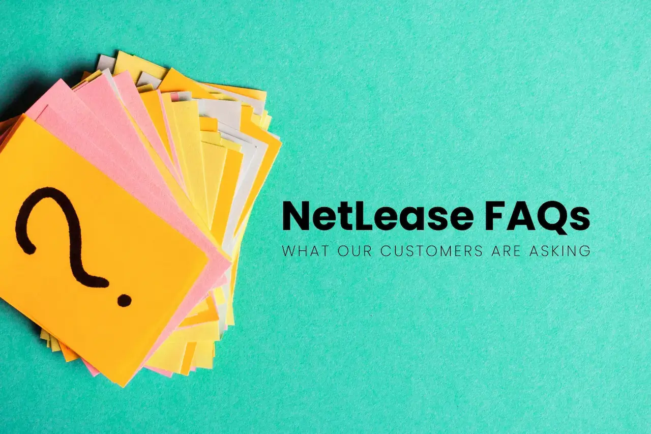 Stack of colorful sticky notes with a question mark on top, next to the text "NetLease FAQs - what our customers are asking" on a mint green background.