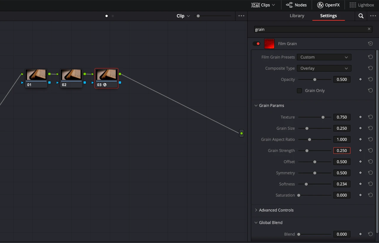 Preferred film grain settings in Resolve.